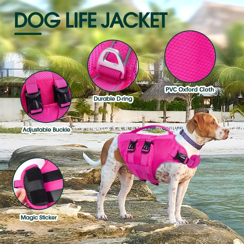 Kuoser Dog Life Jacket XL, High Flotation Doggie Life Vest for Swimming Boating, Reflective Swimming Vest Pet Water Preserver with Rescue Handle XL (Chest Girth:25.9-33.4'') 2#RoseRed - PawsPlanet Australia