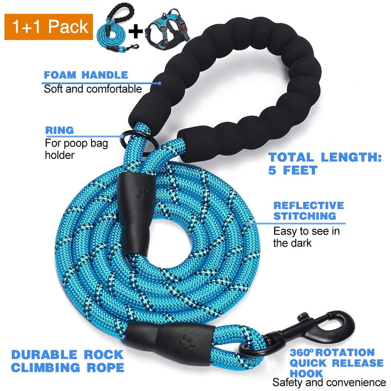 No Pull Dog Harness Adjustable Reflective Oxford Easy Control Medium Large Dog Harness with A Free Heavy Duty 5ft Dog Leash (L (Neck: 18"-25.5", Chest: 24.5"-33"), Blue Harness+Leash) - PawsPlanet Australia