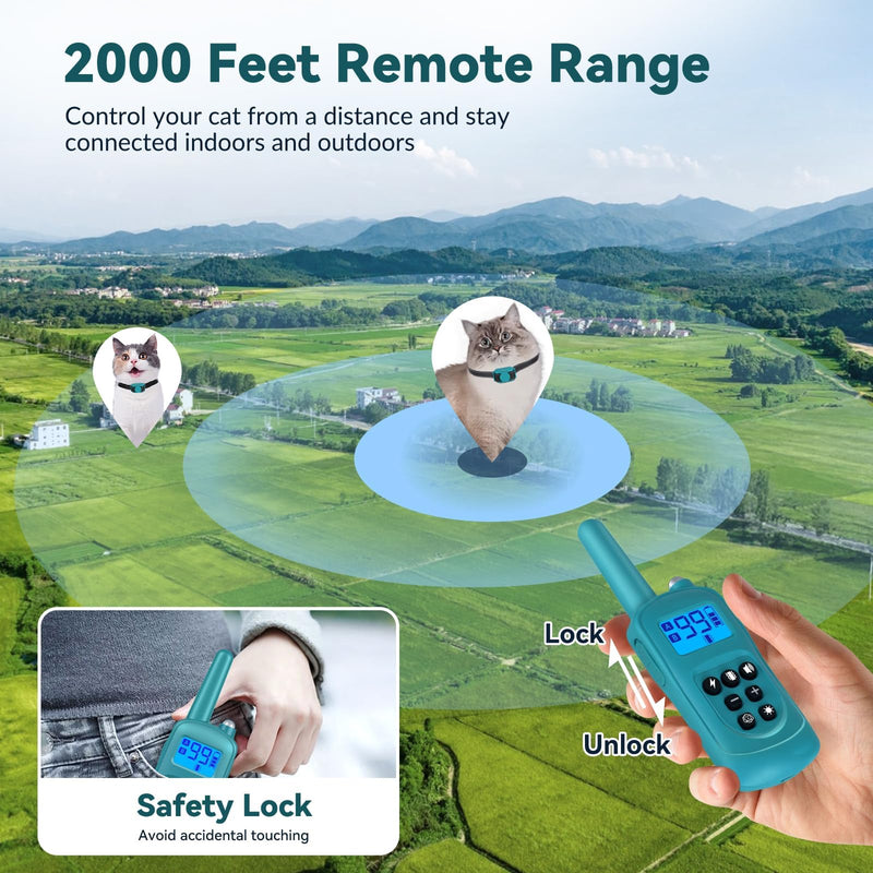 Cat Shock Collar with Remote 2000FT,Ultra-Small Cat Training Collar,Tailored for Cats,3 Training Modes Beep Vibration Shock Mode to Stop Meowing,Waterproof, Effective for Bad Behavior, Cyan