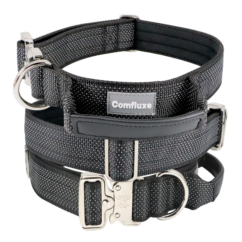 Upgrade Reflective Tactical Military Dog Collar with Leather Handle & Neoprene Padded for Medium Dogs, Wide Thick Heavy Duty Dog Collar with Quick Release Metal Buckle for Training (Black, M) Black M (13”-18”) - PawsPlanet Australia