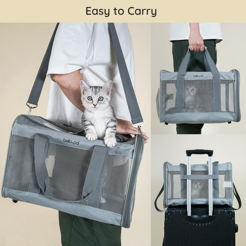 BELLA & PAL Cat Carrier Travel Bag, Airline Approved Lightweight Cat Carrier, Soft Sided Pet Carrier for Puppy Dogs Up to 18lbs, Collapsible Kitten Bag with Removable Waterproof Mat, Ventilated Mesh 16.5"L x 11"W x 11"H Grey - PawsPlanet Australia