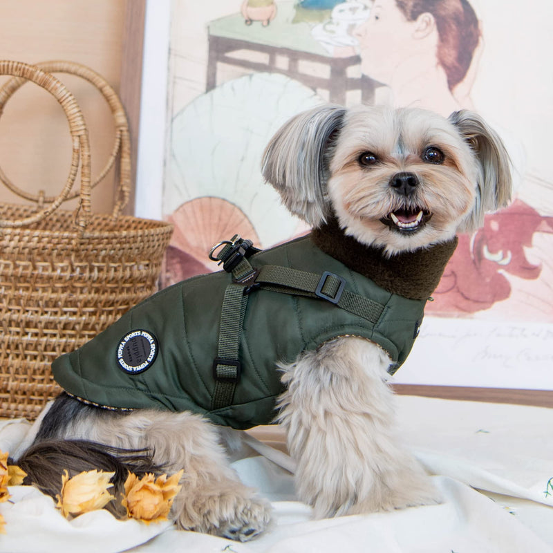 Puppia Donavan Winter Dog Coat with Integrated Harness No Pull Cold Weather Waterproof Warm Fleece Back Zipper for Small & Medium Dog, Khaki, Small - PawsPlanet Australia