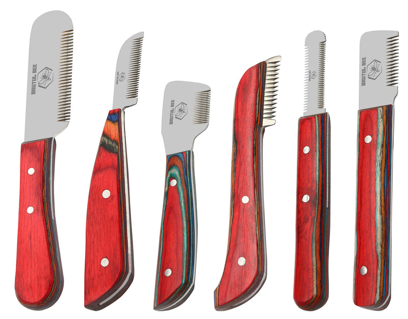 Brutul Bee Dog Grooming Coat Stripping Knife Stripper Trimmer Tool Wooded Handle Stripping Knives Set of 6 in Stainless Steel Non-Slip Tools for Grooming Dogs (Multi) Multicolor - PawsPlanet Australia