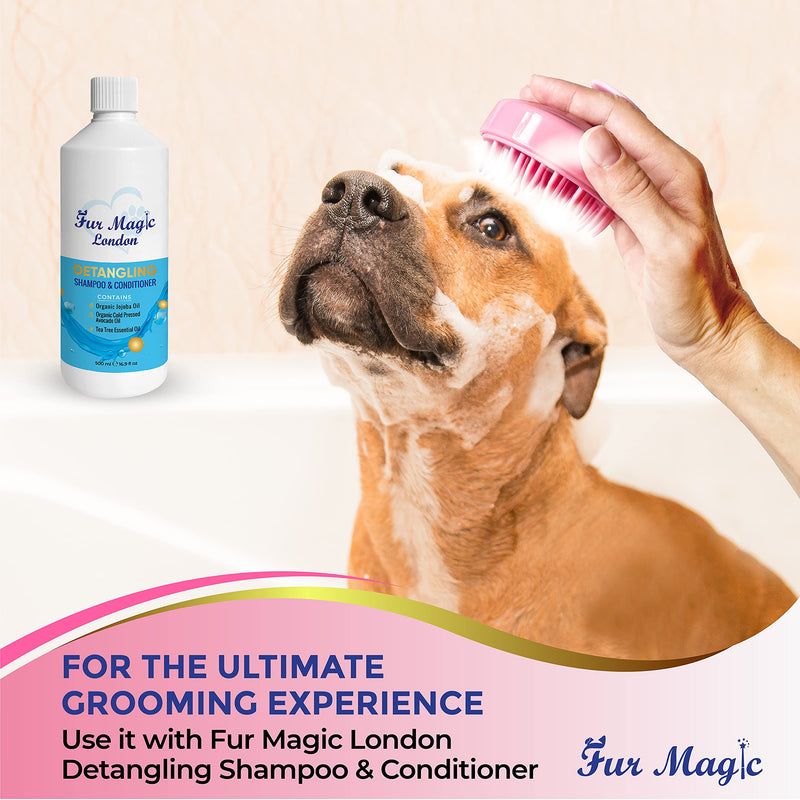 Fur Magic Dog Bath Brush, Therapeutic Pet Grooming Brush for Shampoo and Massage, Soft Silicone Washing Comb, Removes Loose Undercoat, Mats and Knots, Pink