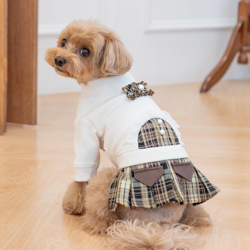 Pinkaholic New York Delaney Cute one-Piece Dress Checkered Pattern Skirt for Small and Medium Dogs, Cream, Medium