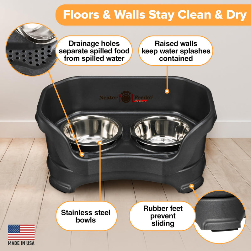 Neater Feeder Deluxe Mess Proof Cat Bowls Elevated for All Breeds – Made in USA – No Spill Raised Bowls for Indoor Cats – Stainless Steel Food and Water Bowl Set, Pet Dish Feeding Station, Black Cat with Standard Bowl Midnight Black
