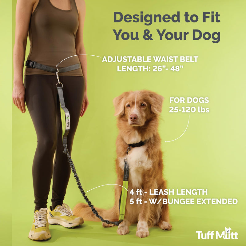 Tuff Mutt Hands Free Dog Leash for Walking Running Hiking, Waist Leash with Bungee, Adjustable Belt, Reflective Double Handle Design for Large Medium Dogs green/gray