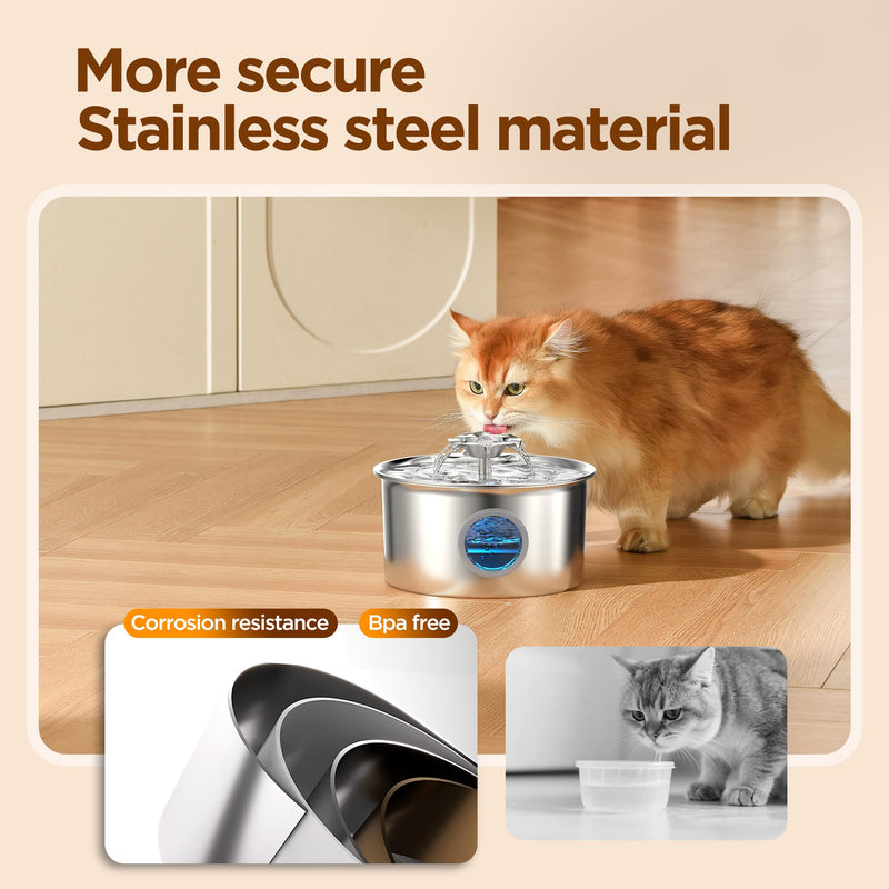 Stainless Steel Cat Water Fountain: 88oz/2.6L Ultra Quiet Pet Fountain with Flower Kitty Spout & LED Blue Light Water Dispenser with Water Level Window for Cats/Dogs Indoor (Silver) - IHOUONE cat Fountain + 1 Filters & 1 Sponges - PawsPlanet Australia
