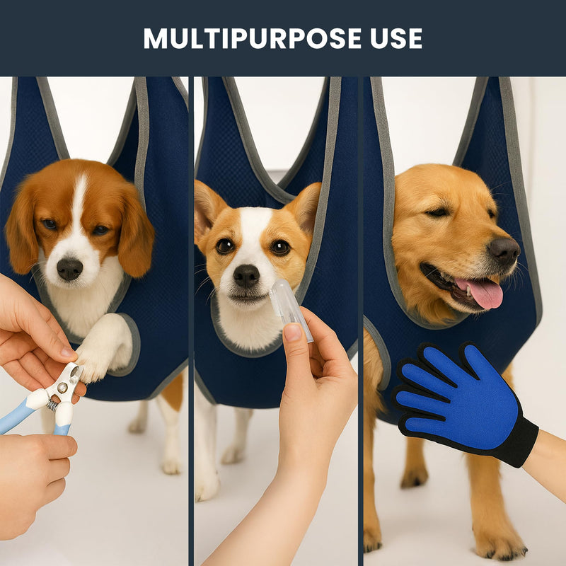 Pet Grooming Hammock Kit for Dogs & Cats, Includes Hammock Harness, Nail Clippers, Nail File, Grooming Glove, Dematting Comb, S-Hooks, Carabiners & Storage Bag for Easy Home Grooming Medium (86×52) cm Blue - PawsPlanet Australia