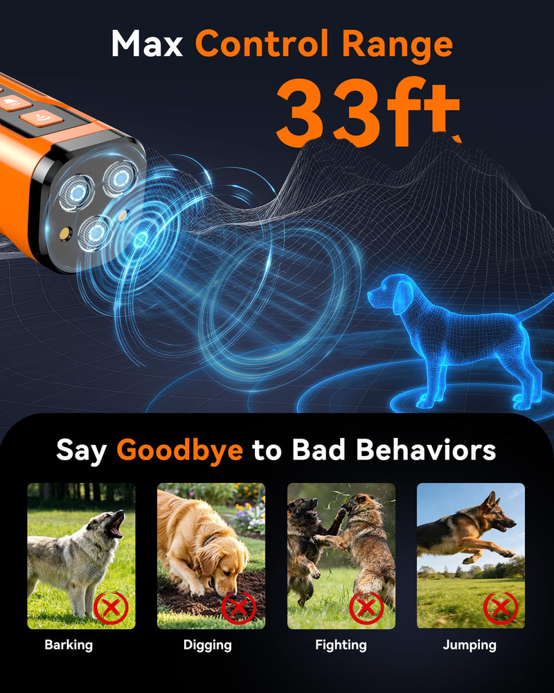 Dog Bark Deterrent Devices, 6 Modes 3X Ultrasonic Anti Barking Device for Dogs, 33 FT Range Barks No More Indoors Neighbor Outdoors with Flashlight,Dog Training Device Portable Orange