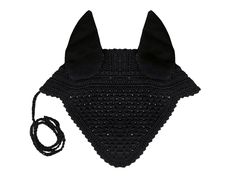 Equine Care Horse Fly Bonnet Full Size Black – Breathable Cotton Crochet Ear Bonnet, Fly Veil & Ear Net for Horses with Noise Reducing Cotton Ears for Dressage, Hunter Jumper & English Riding