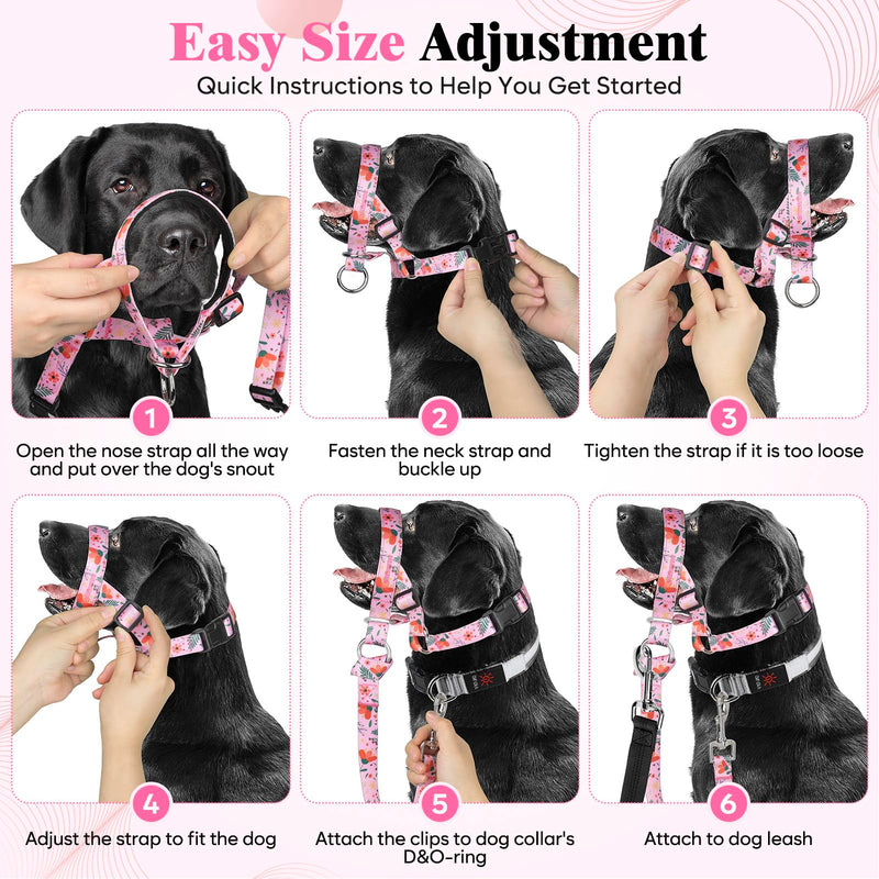 HIGO Dog Head Collar, Adjustable Head Collar for Dogs, No Pulling Head Halter, Training Nose Leash, 3 Pattern Muzzle Leash for Small Medium Large Dogs Easy Walking (Pink, L) Pink - PawsPlanet Australia