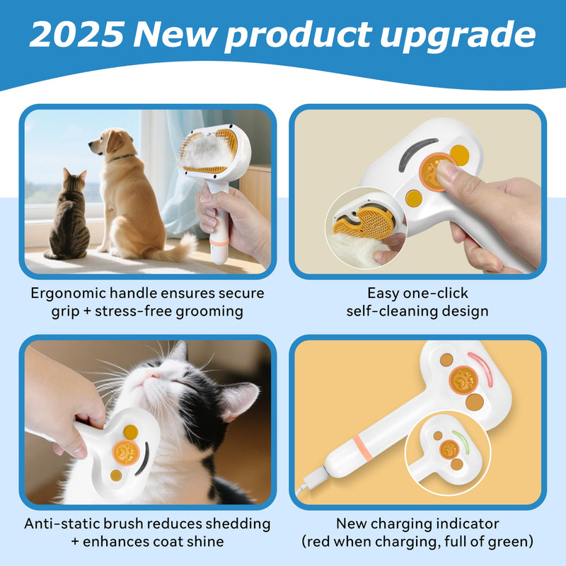 4-in-1 Pet Steam Brush for Dog & cat brush for shedding，Spray Hair Removal Comb with Waterless Shampoo–Self-Cleaning Pet Grooming Tool for Shedding, Anti-Static & Skin-Friendly Design Yellow - white - PawsPlanet Australia