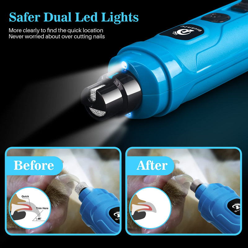 BOUSNIC Dog Nail Grinder with 2 LED Light - Super Quiet Pet Nail Grinder Powerful 2-Speed Electric Dog Nail Trimmer File Toenail Grinder for Puppy Small Medium Large Breed Dogs & Cats (Blue) Blue - PawsPlanet Australia