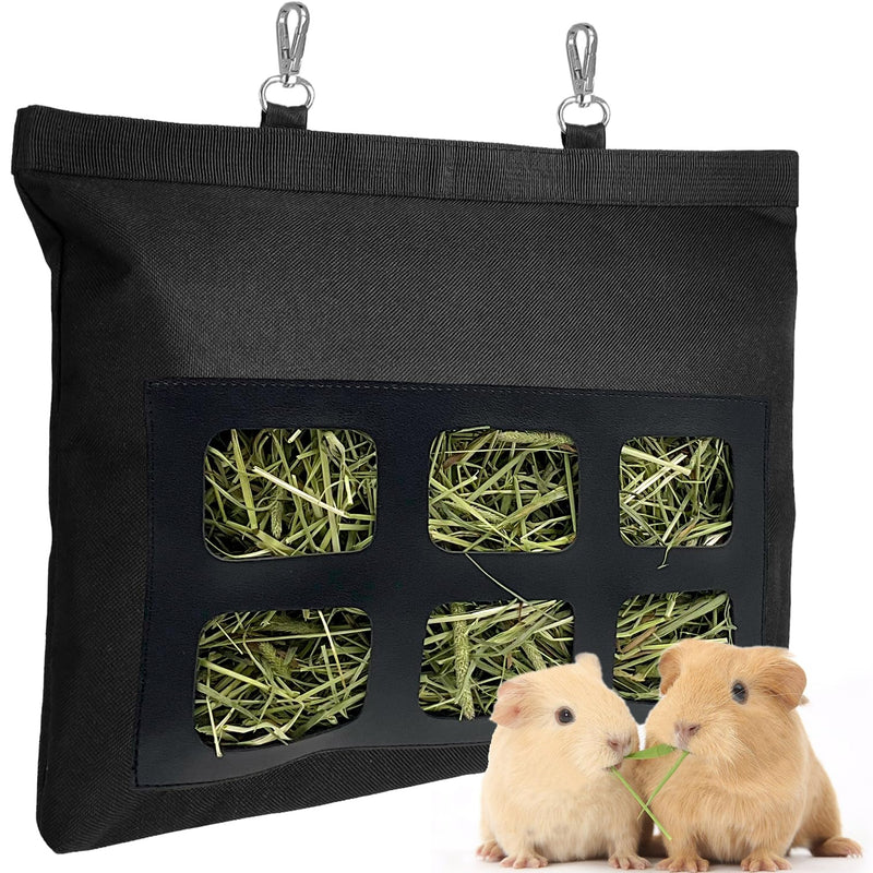 Rabbit Hay Feeder Bag, Upgraded Bunny Hay Bag, 6 Holes 600D Oxford Fabric Hay Holder Bag for Small Animal Guinea Pig Chinchilla Rabbit Cage by Rayfarmo,(Black) M-11"x13.8" Black-6h