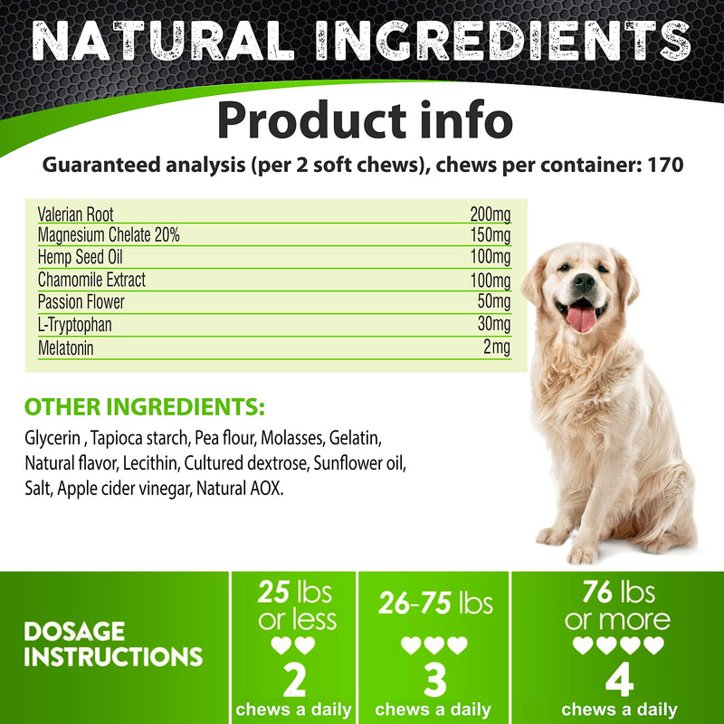 Hemp Calming Chews for Dogs with Anxiety and Stress - 170 Dog Calming Treats - Storms, Barking, Separation - Valerian Root - Melatonin - Hemp Oil - Dog Anxiety Relief - Made in USA | Soft Chews Chicken