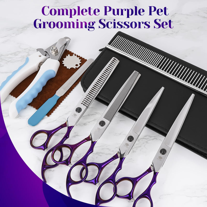 7” Dog Grooming Scissors Set – 6 in 1 Pet Grooming Kit with Curved, Thinning, Chunker & Straight Shears + Comb – 440C Stainless Steel Sharp Blades, Ergonomic & Quiet Design (Purple) Purple - PawsPlanet Australia
