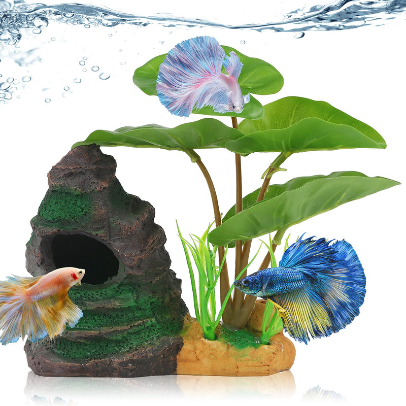 COOSPIDER Betta Fish Leaf Pad Hammock Aquarium Decoration Cichlid Fish Tank Resin Rock Mountain Cave Ornaments Fish Bowl Decorations for Sleeping Resting Hiding Playing Breeding