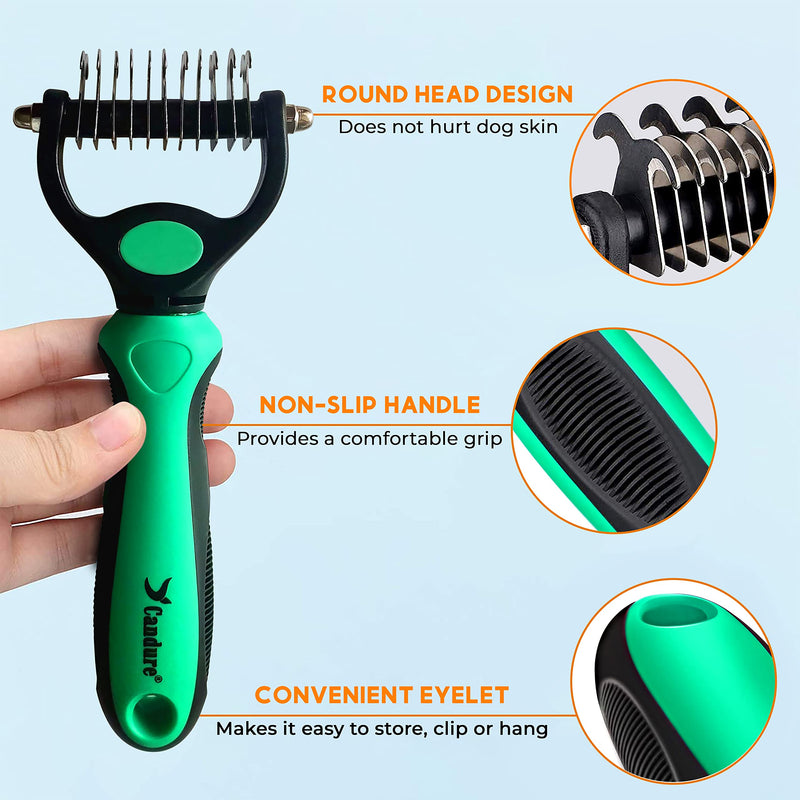 Candure Dematting Comb for Dog and Cat, Pet Grooming Rake and Brushes for Small & Medium Dogs 11+6 Double Sided Blade Deshedding Tool Removes Knots, Undercoat, Mats and Tangled Hair (Green) Green - PawsPlanet Australia