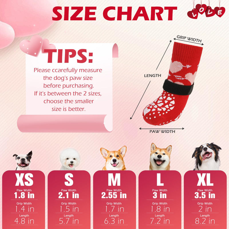 EXPAWLORER Dog Socks to Prevent Licking Paws, Valentine's Day 4 Pcs Anti Slip Dog Socks with Grippers, Dog Shoes for Hardwood Floors, Dog Booties for Small Medium Large Senior Dogs, Red M