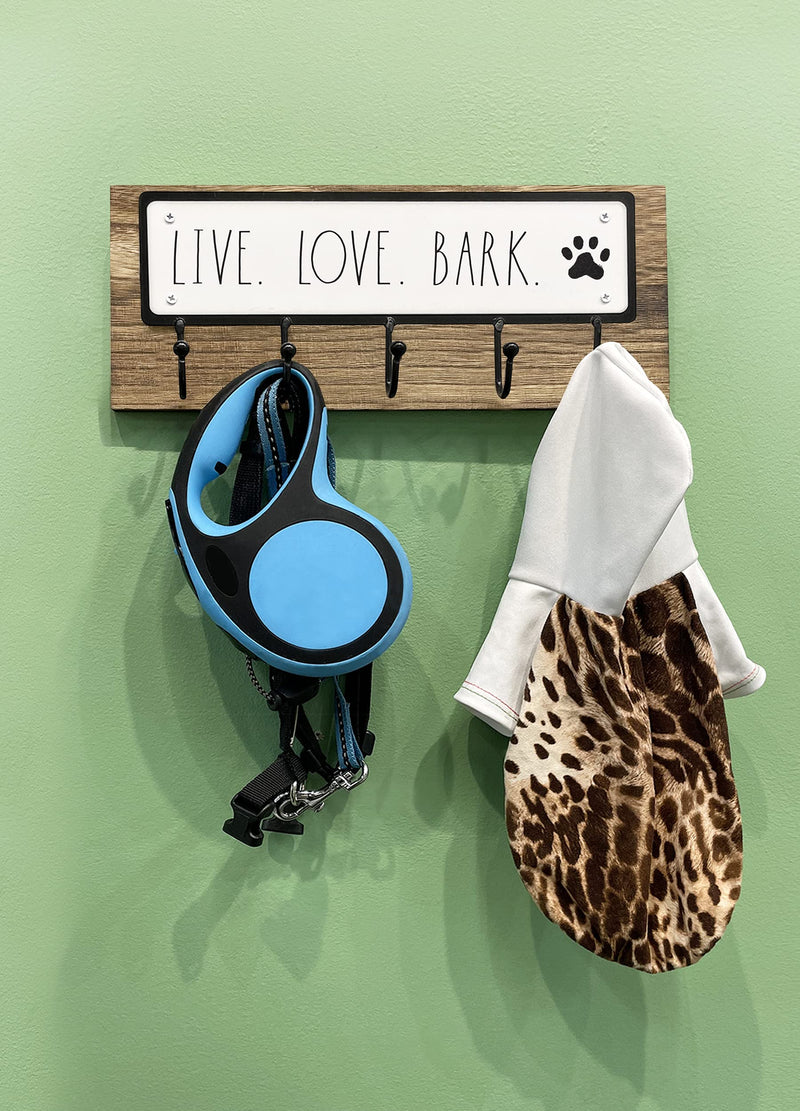 Rae Dunn Dog Leash Holder for Wall - Cute Dog Leash Hook Holder and Wall Mount Hanger Organizer for Pet Items, Keys, Collar and Leashes - Pet Themed Messages with Paw Print - Dark Wood Live. Love. Bark (Dark Wood) - PawsPlanet Australia