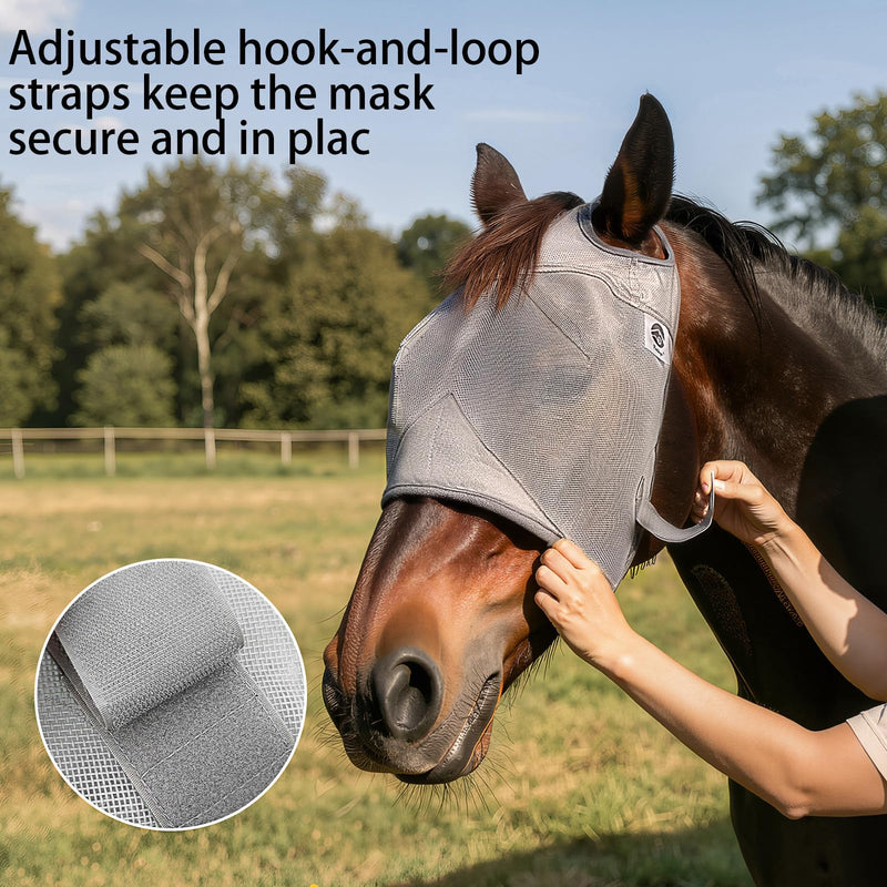 Raelitego Horse Fly Mask, Adjustable Fly Masks for Horses Without Ears, UV Protection from Insect Pests Comfort Mesh Without Nose Average Size Horses Accessories (L) L