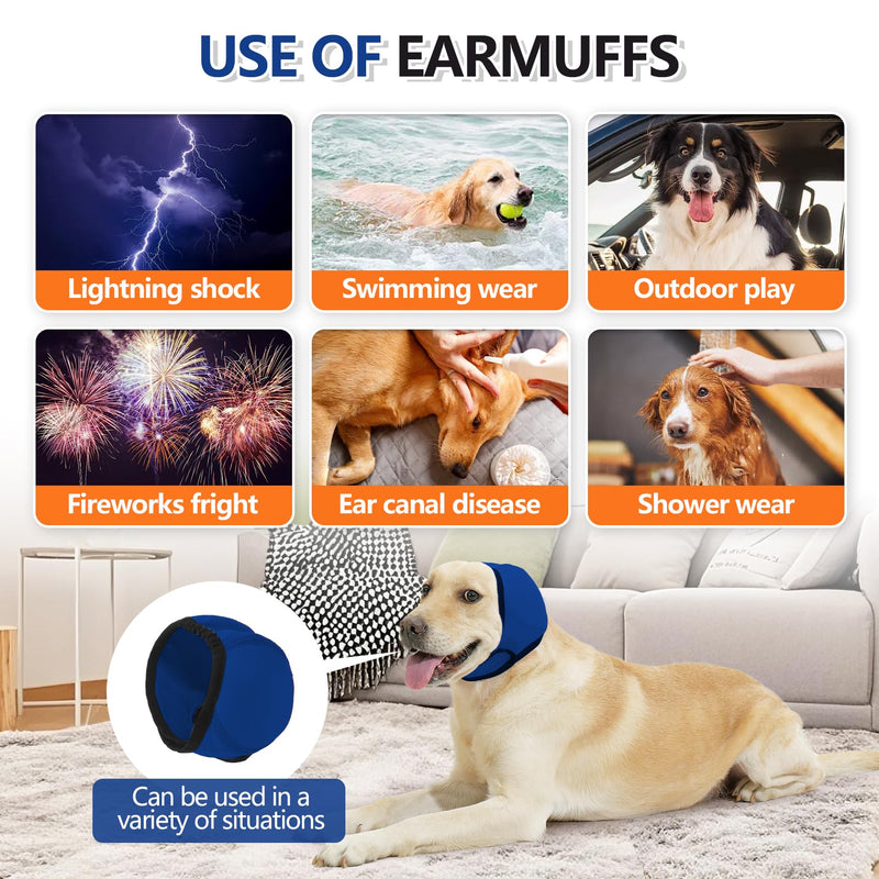 JOHNBOLIN Dog Ear Muffs & No Shake Ear Wrap for Hematoma, Bathing, Drying & Noise Anxiety Relief - Elastic Waterproof Ear Protector with Calming Hoodie Design for Grooming (Blue, M) Medium(Head Circle:14"-19") Blue