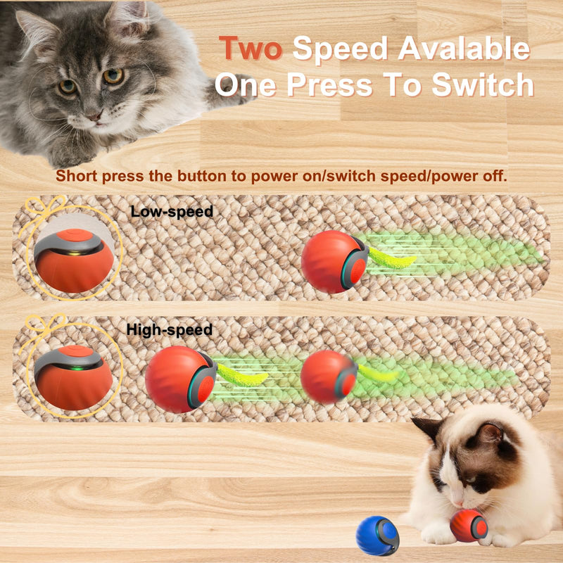 Interactive Cat Ball for Indoor Cats - Dual-Speed Automatic Rolling Ball Toy with 90Min Run Time, Plush + Feather Tails, Energetic Cat Chase Exercise, Blue/Orange, 1PC - PawsPlanet Australia