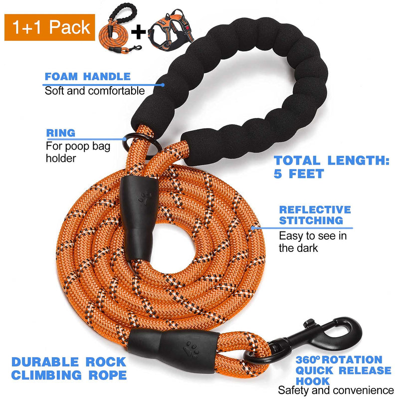 No Pull Dog Harness Adjustable Reflective Oxford Easy Control Medium Large Dog Harness with A Free Heavy Duty 5ft Dog Leash X-Large Orange Harness+Leash