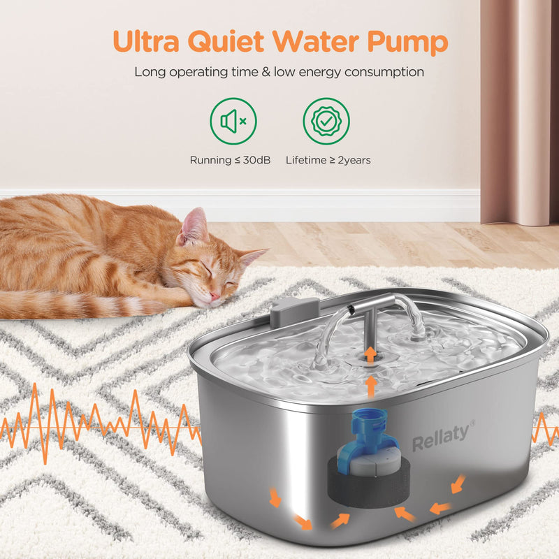 Cat Water Fountain Stainless Steel: 3.2L/108oz Pet Fountain Water Bowl Dog Drinking Dispenser Cat Feeding & Watering Supplies Animal Metal Kitty Spout for Cats Inside with 4 Replacement Filters Pet Fountain + 4PCS Filters + 1PC Sponge - PawsPlanet Australia