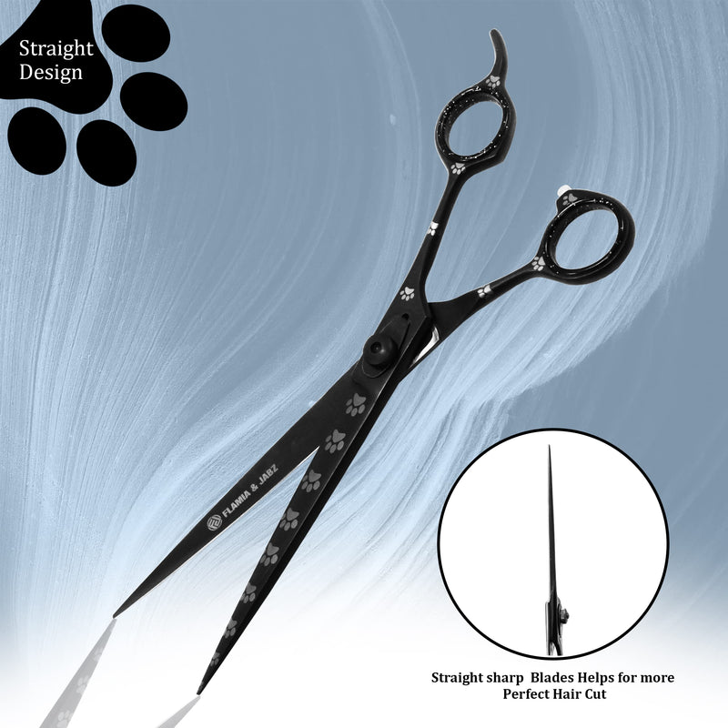 Professional Dog Grooming Scissors/Shears, Straight, with Paw Prints for Dogs, Cats & Pets (Right Handed, Black, Stainless Steel 8 Inch) Straight Scissors - PawsPlanet Australia