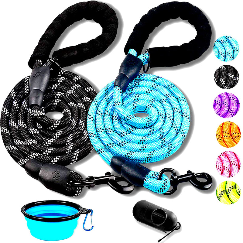 2 Pack Dog Leash 6 FT Thick Durable Nylon Rope - Comfortable Padded Handle Reflective Rope Dog Leash for Medium Large Dogs with Collapsible Pet Bowl and Garbage Bags (6FT-Blue + Black) 1/2"x 6 FT (18~120 lbs.) Set 01- Black+Blue