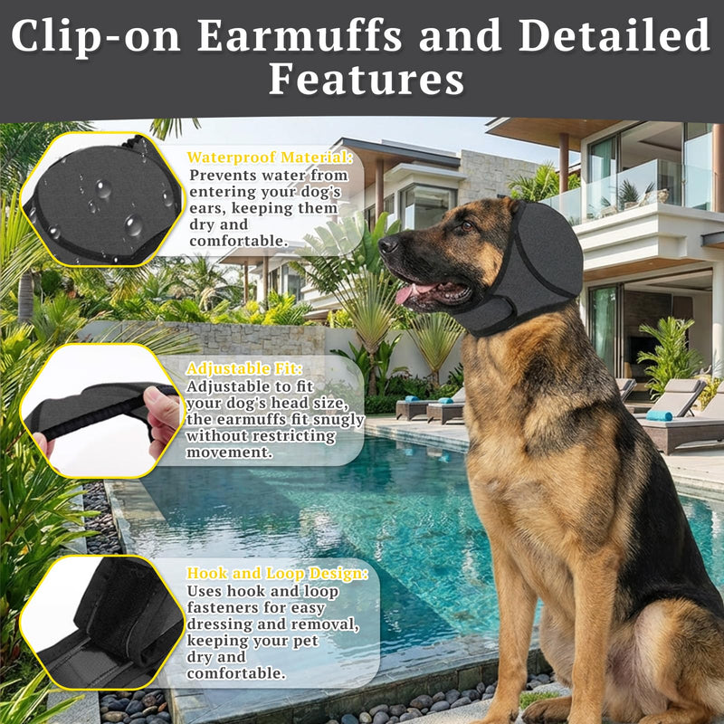 2 Pack Dog Ear Defenders, Waterproof Adjustable Dog Ear Protection Snood Noise Cancelling, Calming Ear Muffs & Hood for Bathing, Grooming, Swimming, Thunder & Fireworks Anxiety (M)