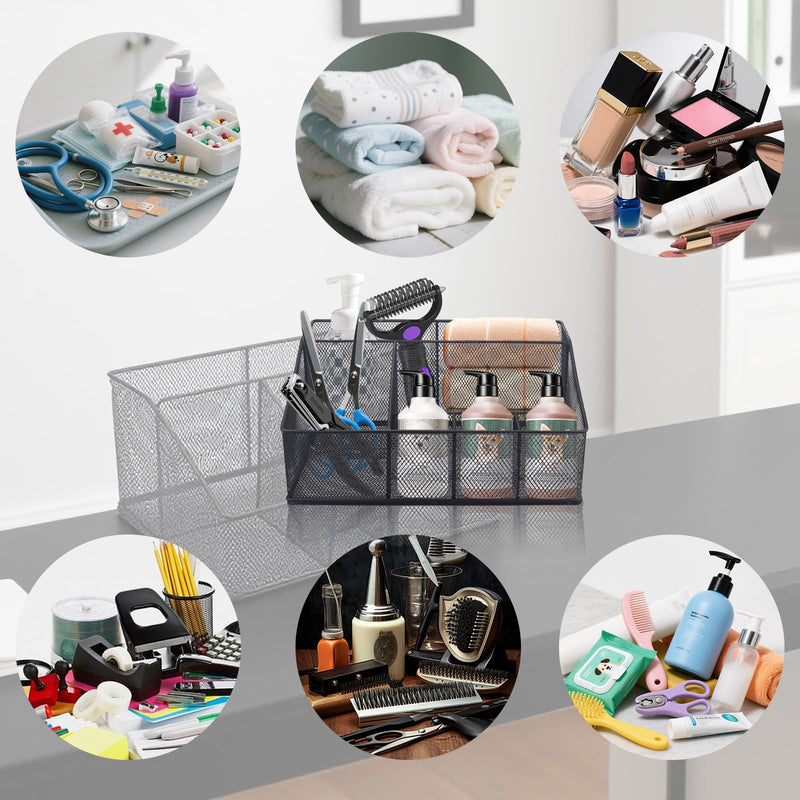 Universal Pet Grooming Supplies Organizer, 6-Compartment Mesh Wire Dog Storage Organizer for Grooming Supplies, Cat Blanket, Shampoo, Trimmer, Clipper, Brush - PawsPlanet Australia