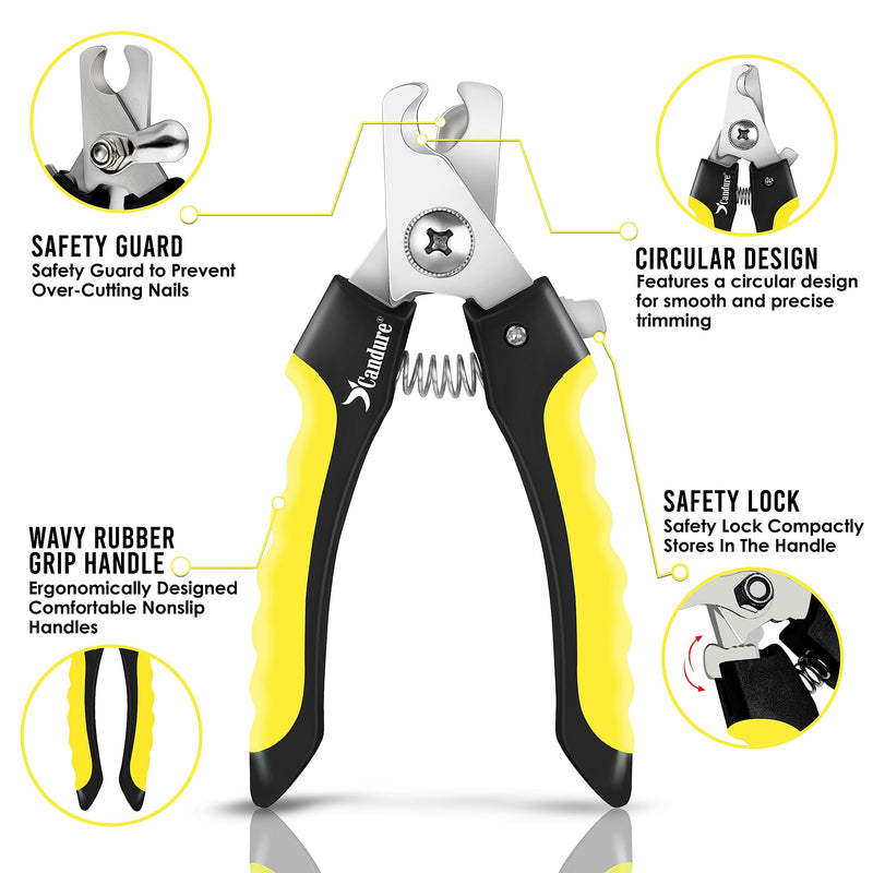 Candure Dog Nail Clippers for Pet Grooming - Professional Cat Nail Trimmers Suitable for Small to Medium Breeds with a Safety Guard & Nail File Yellow Medium to Small - PawsPlanet Australia