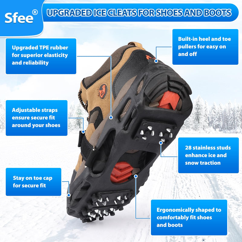 Sfee Crampons Ice Cleats for Shoes and Boots, 28 Steel Shoe Spikes Ultra-Grip Ice Cleats for Men Women Non-Slip Snow Traction Ice Grippers for Shoes and Boots for Walking, Hiking, Climbing, Fishing Large - PawsPlanet Australia