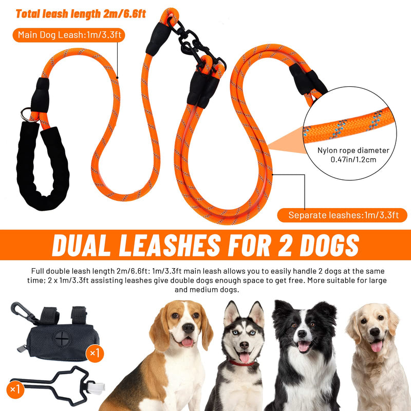 Double Dog Leash for Two Dogs, Heavy Duty Reflective Double Leashes for 2 Dogs, 360° Swivel Dual Dog Leash Tangle Free Large Dogs & Medium Dogs, with 2Pcs Dog Poop Bag Holder, Orange - PawsPlanet Australia