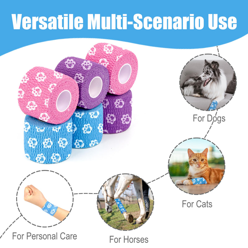Vet Wrap Cohesive Bandages, Self-Adhesive Bandage Wrap, Breathable Non-Woven Self Adherent Tape for Pet Dog Leg Paw Wound, Horse, Cat, First Aid & Ankle Sprain, 2 Inch (6 Rolls) 6 Rolls