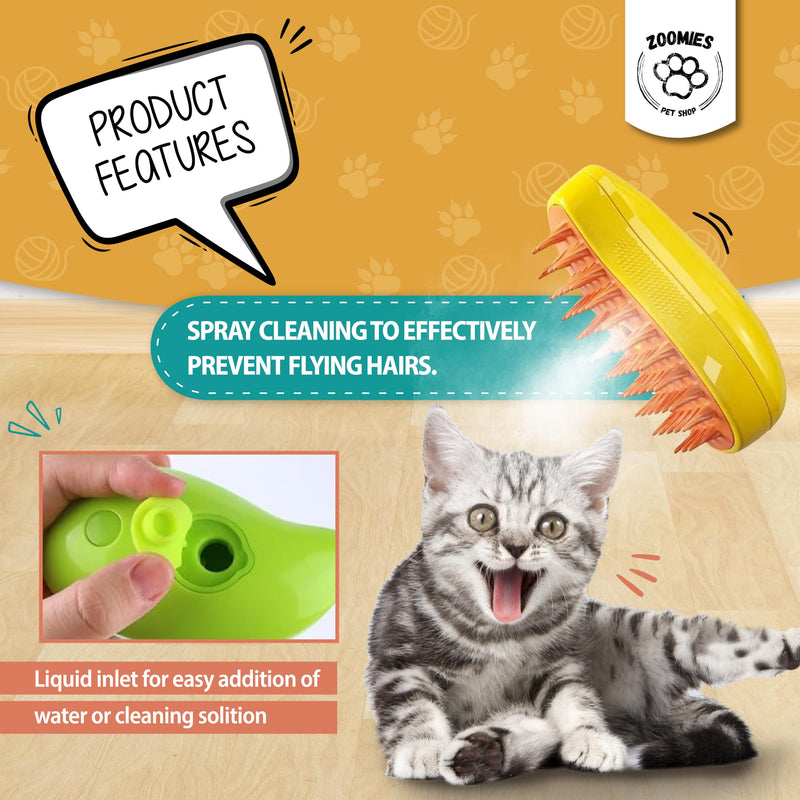 | Cat steam brush for shedding | 3-in-1 Steam brush for cats to remove loose hairs and reduce your cat's stress Yellow - PawsPlanet Australia