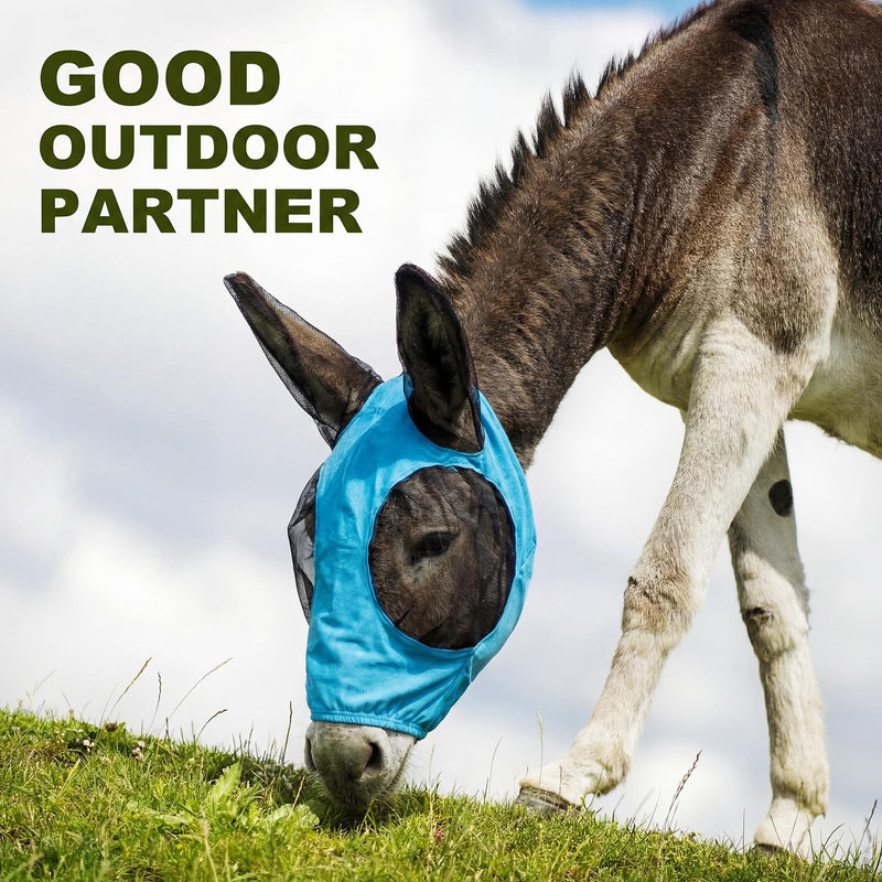 Mini Donkey Fly Mask with Ears Protection, Stretchy Mule Mask with Big Mesh Eye Covers, Soft on Skin, Comfortable Breathable Protection from Insects and Bugs Blue Mini 1