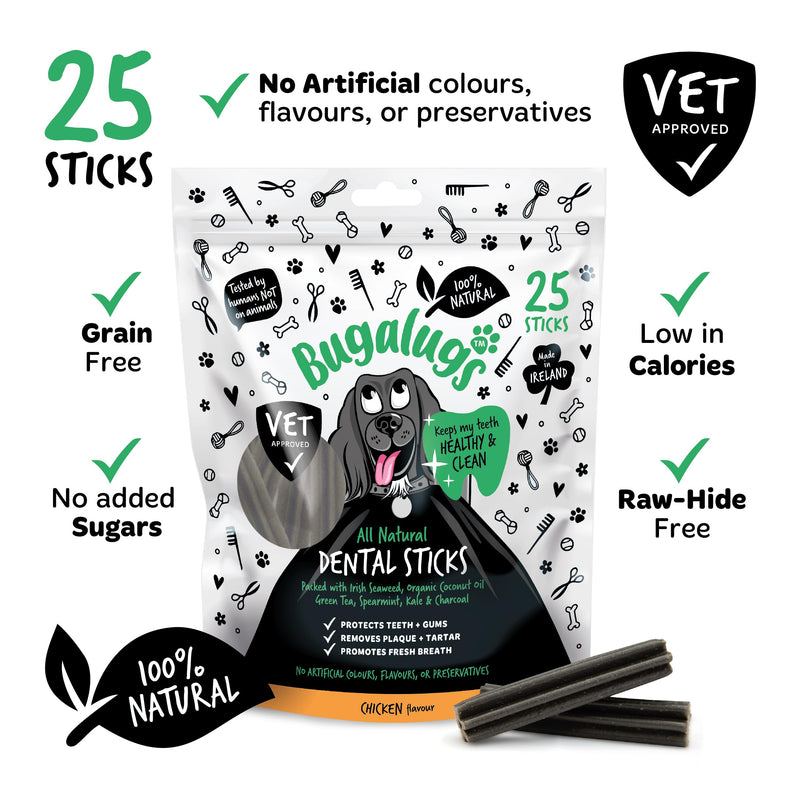 Bugalugs Dental Sticks Dogs - 100% Natural Dog treats & Dog Chews for Dog Teeth Cleaning, Dog Plaque Remover & Dog Breath Freshener - Dog dental sticks are Grain Free Dog Treats 20 g (Pack of 25) - PawsPlanet Australia