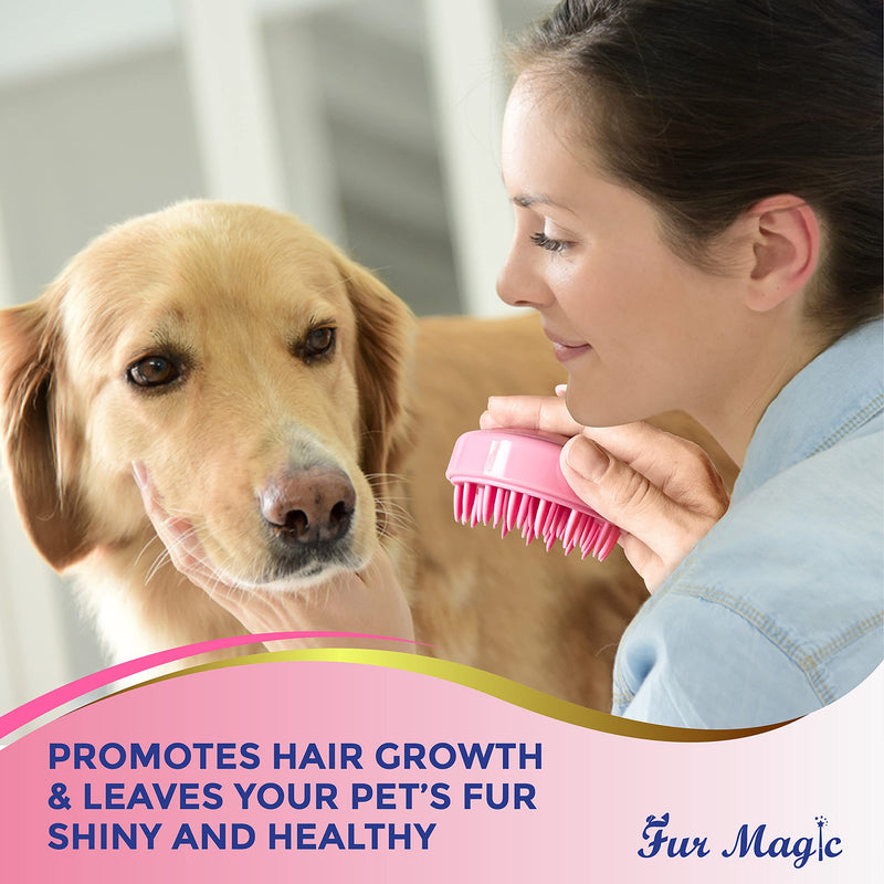Fur Magic Dog Bath Brush, Therapeutic Pet Grooming Brush for Shampoo and Massage, Soft Silicone Washing Comb, Removes Loose Undercoat, Mats and Knots, Pink