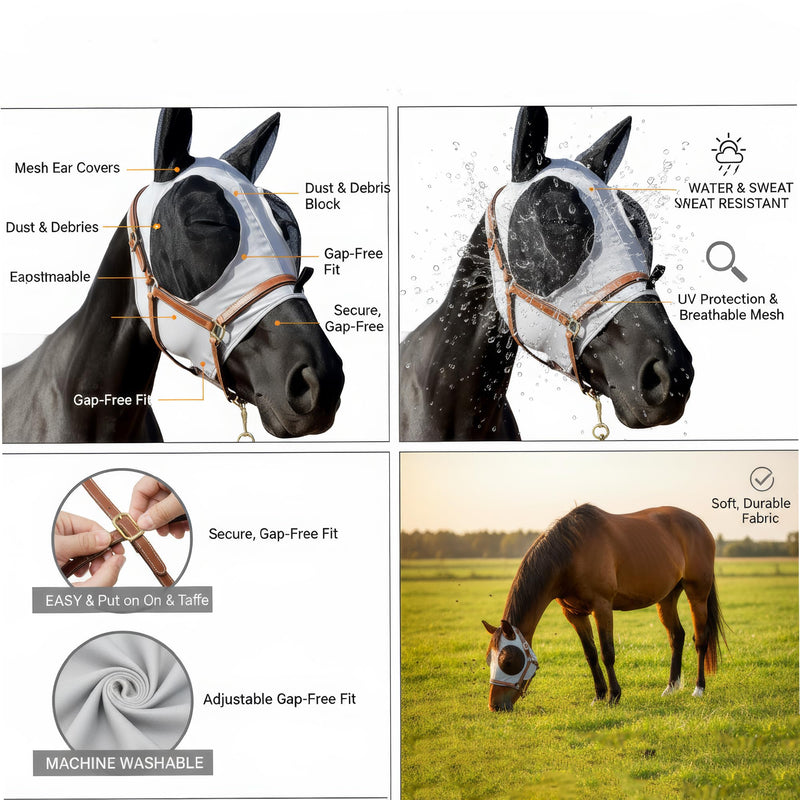 Horse Fly Mask with Ears - Breathable Stretchable for Mosquito Protection, Full Eye Cover, Outdoor Pasture Use