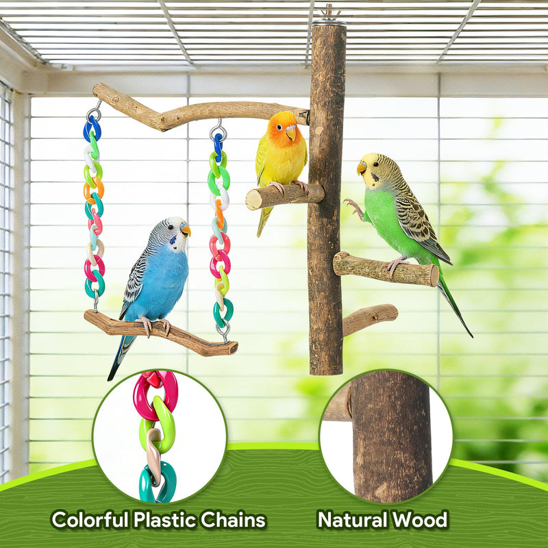 Bird Toys, Bird Swing Toys with Perch Stand, Cage Accessories for Budgies, Parakeets, Cockatiels & Other Small Birds Natural Wood