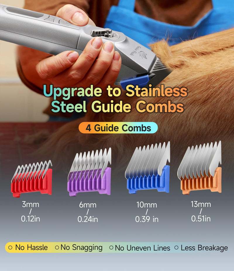 Professional Cordless Dog Grooming Clippers, 12-Hour Runtime, Replaceable 440C Stainless Steel Blade, 3-Speed Quiet Electric Pet Hair Trimmer for Thick, Curly & Matted Coats, Groomer & Home Use, Grey Clipper+10FC Blade