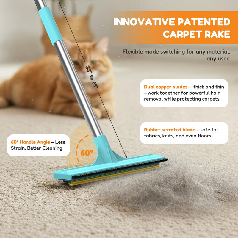 3 In 1 Carpet Rake for Pet Hair Removal Tool with Long & Short Handle and Rubber Detail Brush, Carpet Brush for Pet Hair, Deep Cleaning Pet Hair Removal Broom for Carpets Couches Rug Furniture - PawsPlanet Australia