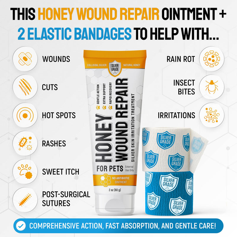 Best Hot Spot Treatment for Dogs & Horses – Dog Wound Care with Silver for Scratches, Sores, Rashes, Irritations – Honey Wound Repair Ointment in Gel Form for Horses & Cats + 2 Bandages – 2 Oz