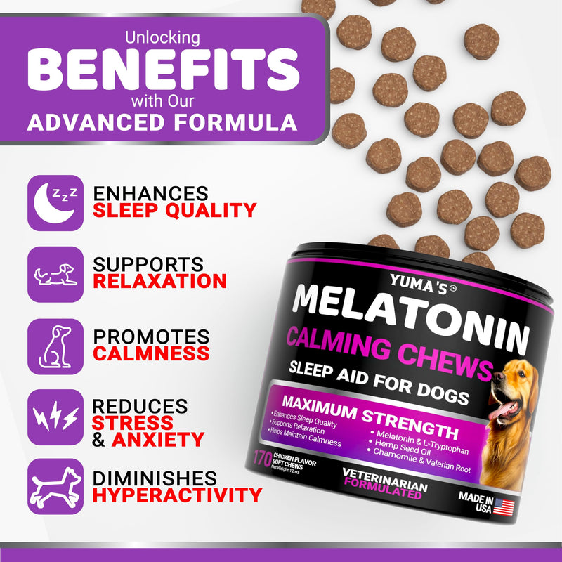 YUMA'S Melatonin for Dogs - 170 Dog Melatonin Chews for Small and Large Dogs - Puppy Melatonin - Dog Sleep Aid - Calming Treats for Stress Anxiety Relief - Calming Chews for Dogs - Dog Sleeping Pills 170 Treats Melatonin Calming Chews