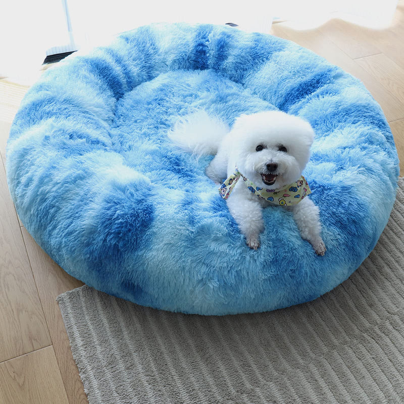 Patas Lague Calming Dog Bed for Medium Dogs, Fluffy Soft Cozy Cat Bed, Faux Fur Anti-Anxiety Plush Washable Pet Donut Cuddler for All Seasons 24IN, Blue M:24x24INCH Gradient Blue - PawsPlanet Australia