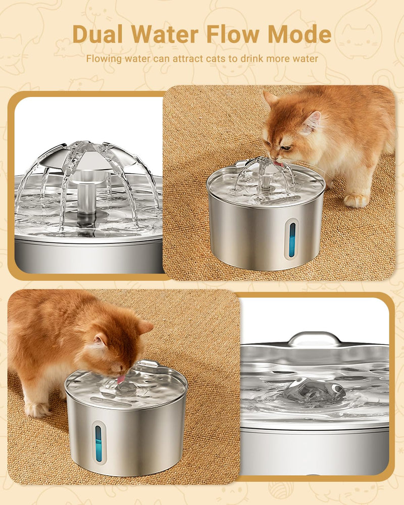 Cat Water Fountain for Drinking - 74oz/2.2L Cat Fountain Stainless Steel Flower Style, Silent Automatic Wired Pet Water Fountain Triple-Filter Water Fountain Cat Bowl 3 Filters 3 Sponges Water Fountain-2.2L+ 3 filters + 3 sponges - PawsPlanet Australia